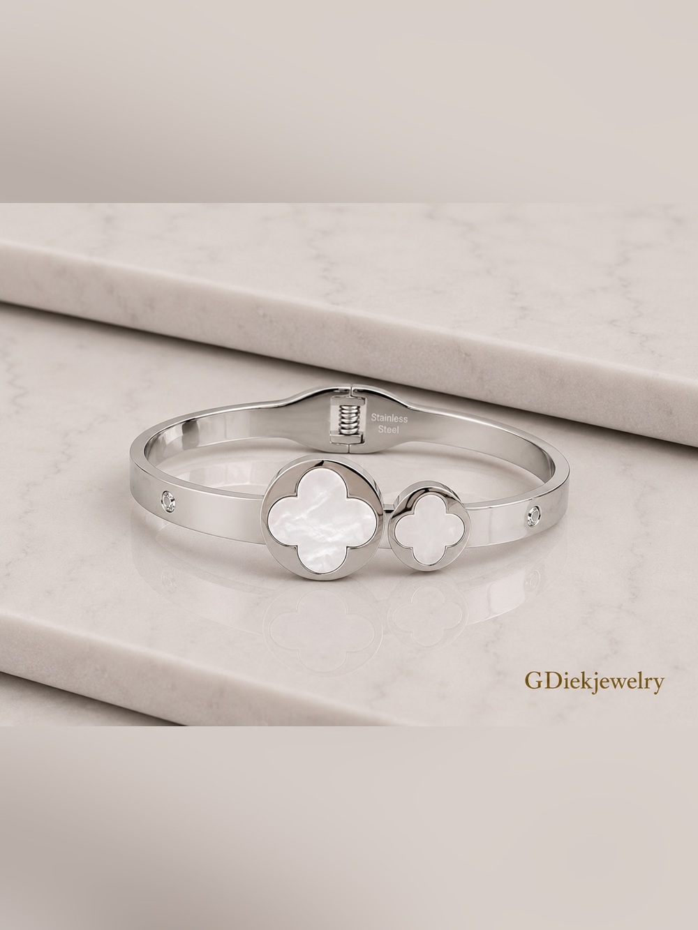 Stainless Steel Mother-of-Pearl Clover Cuff Bracelet - Silver